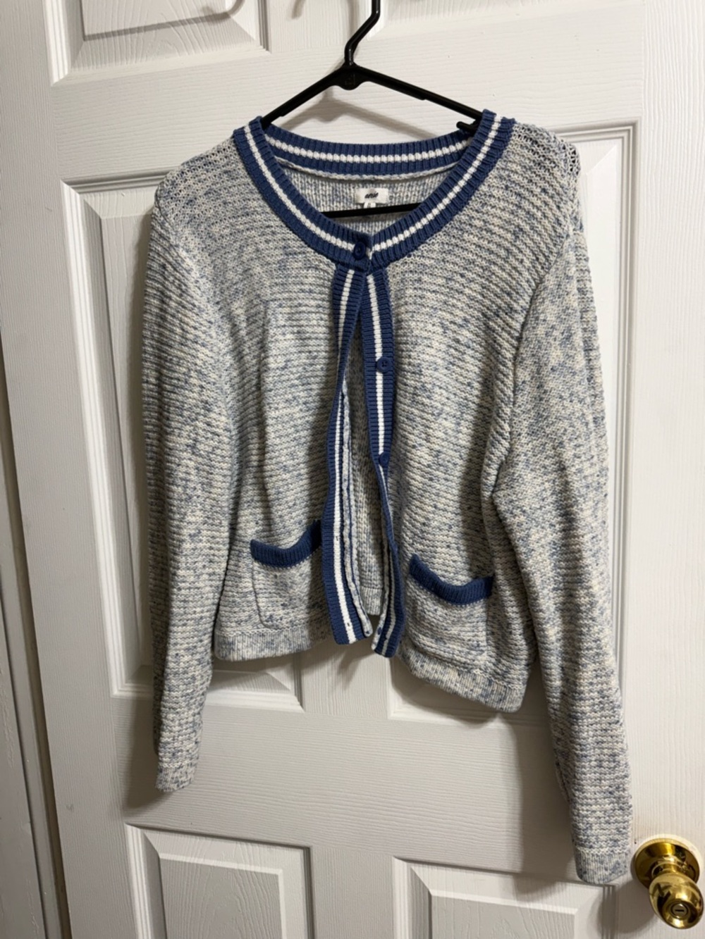 aerie Blue and White Marled Knit Cardigan with Contrast Trim
